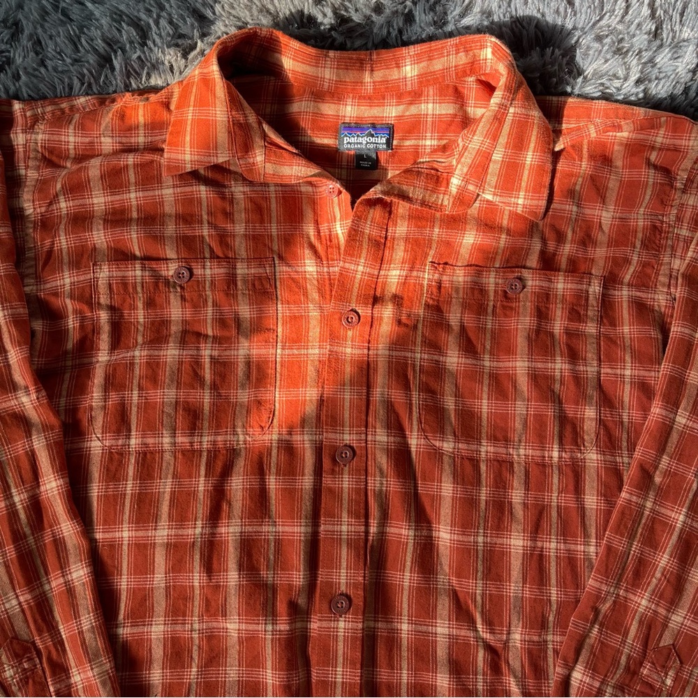 Patagonia Orange Plaid Organic Cotton Button Down Shirt | Long Sleeve